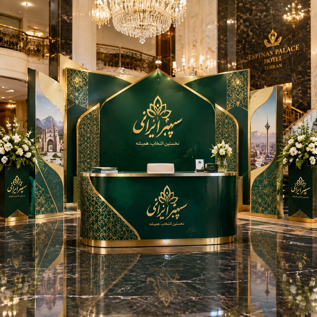 سازه ایستاده بزرگ پشت میز پذیرش رویداد با چاپ پاپ آپ مگنتی براق و تحویل فوری چیکاچاپ